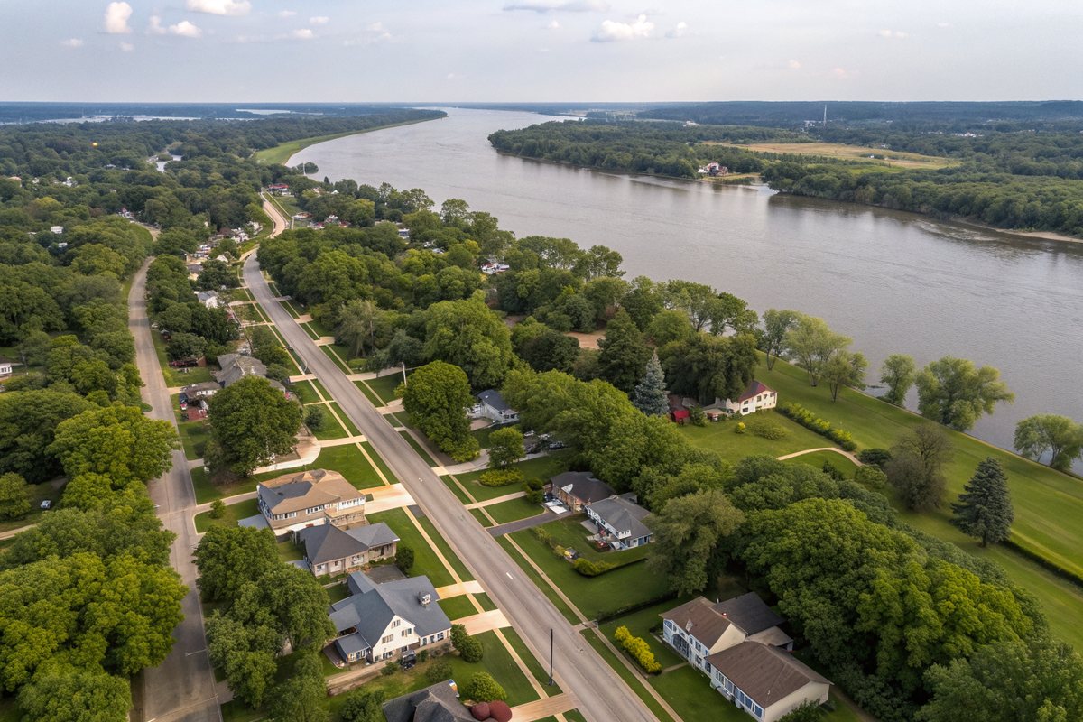 Aerial view of tree-lined streets of older homes beside a wide river
