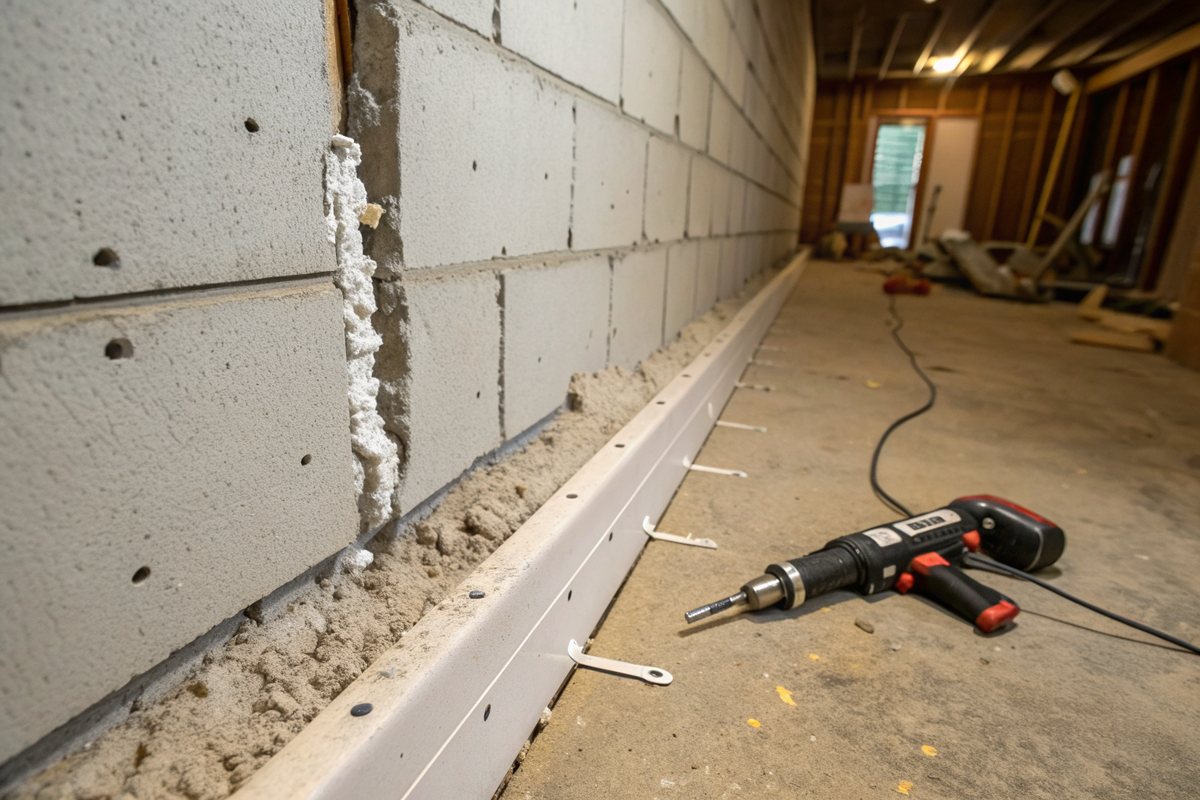 A sealed vertical crack in a basement wall with small injection ports along it