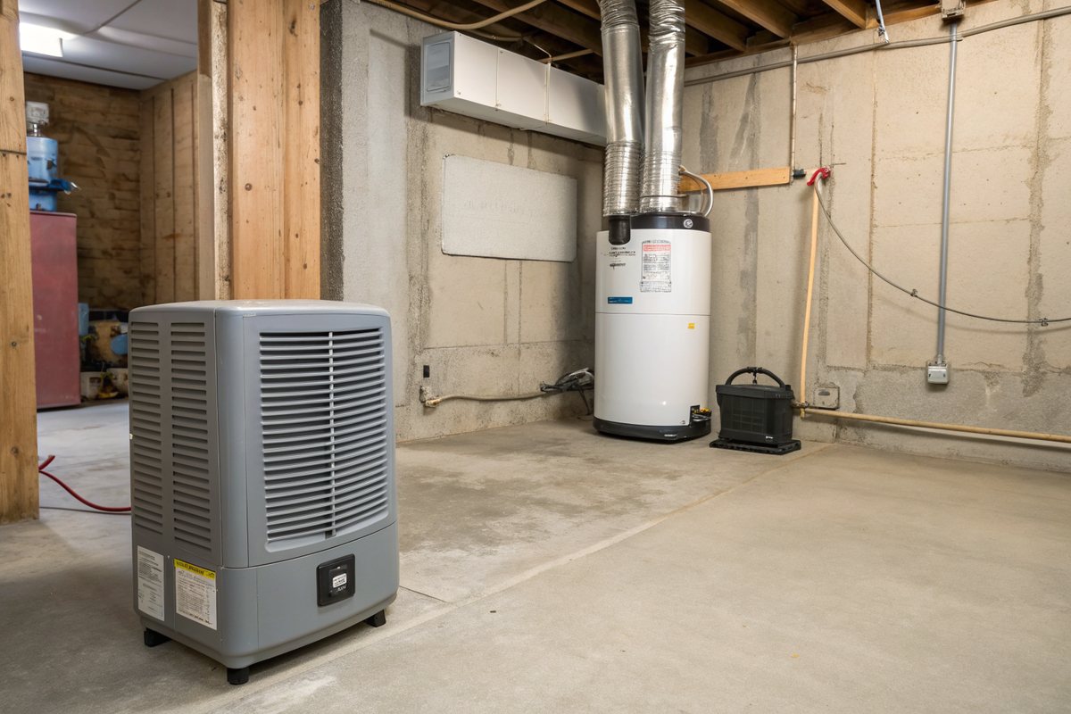 A gray dehumidifier on a sealed basement floor near a furnace and water heater