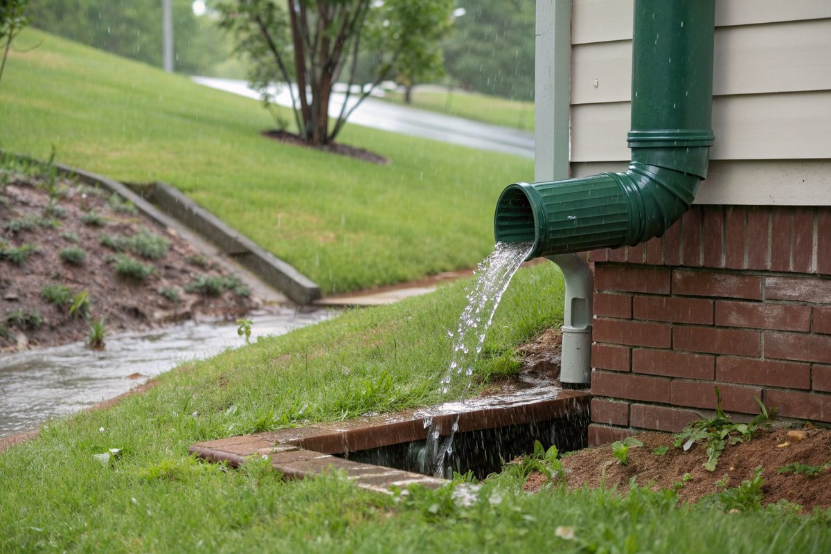 A green downspout sending rainwater onto a sloped lawn away from a brick foundation
