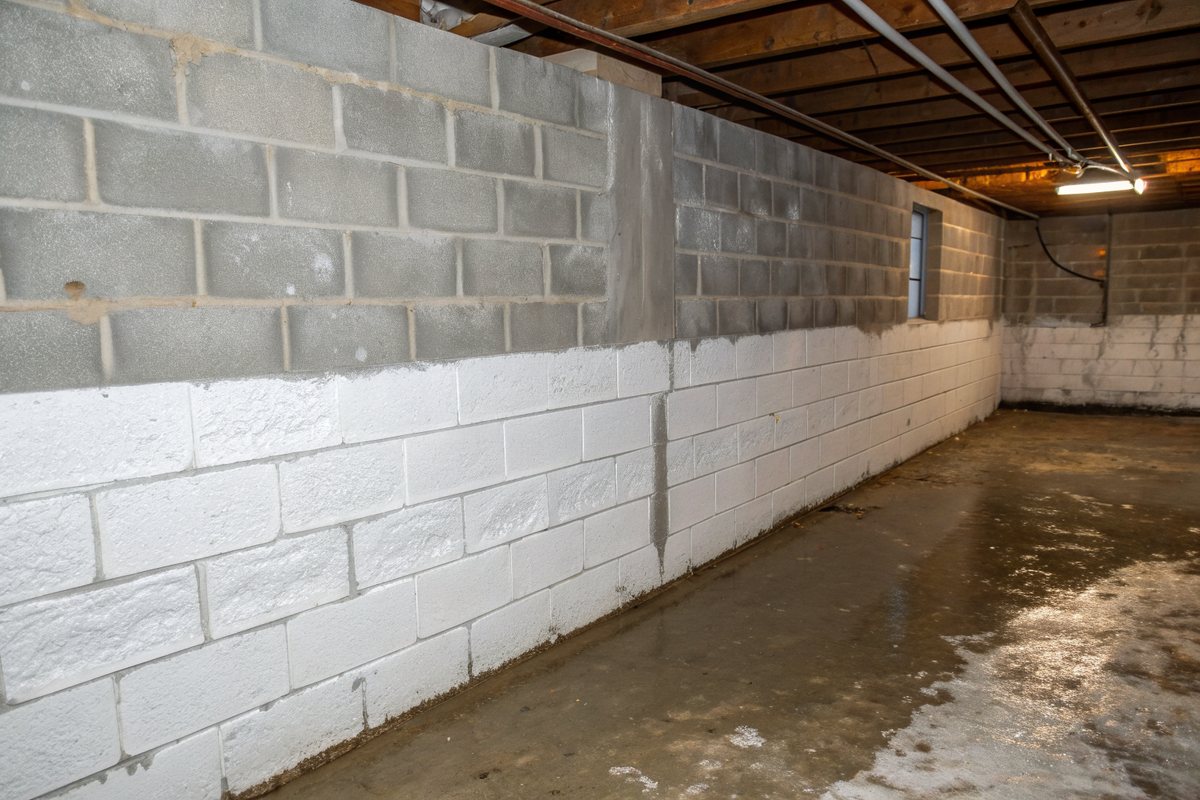 White chalky efflorescence across the lower half of a concrete block basement wall