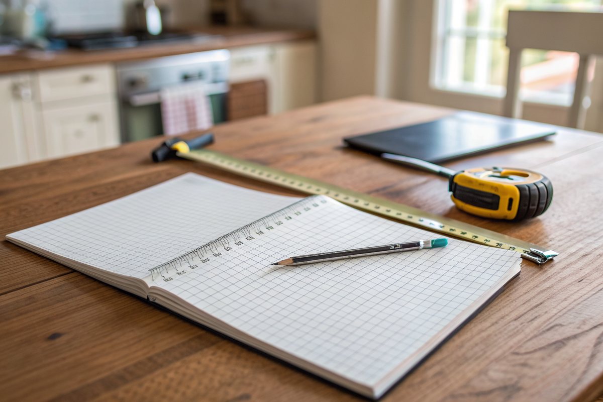 A blank grid notebook, a pencil and a measuring tool on a kitchen table