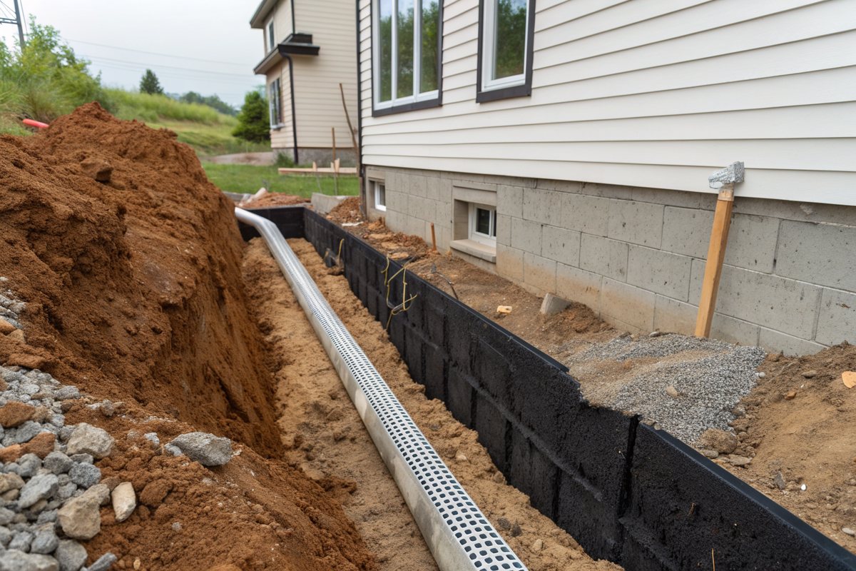 An open trench beside a foundation coated in black waterproofing, with a drain pipe in gravel at the footing