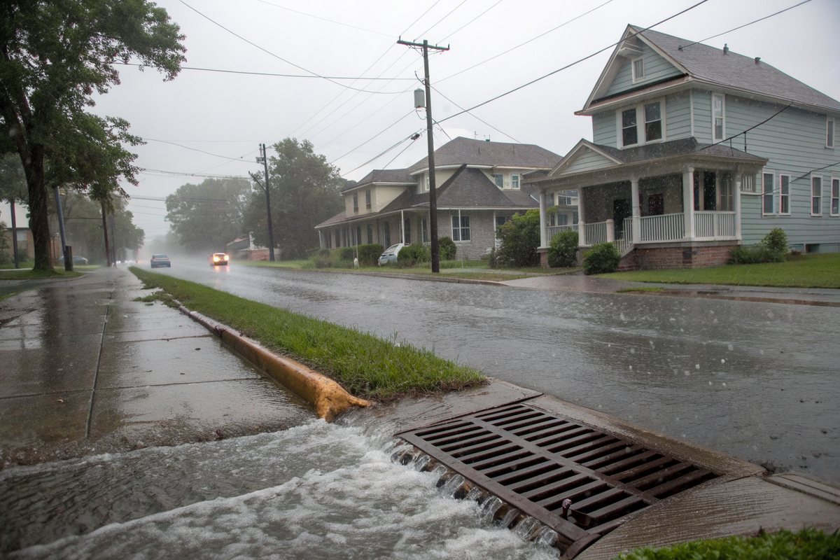 Rain running along the curb into a storm drain on a street of older porch-front houses