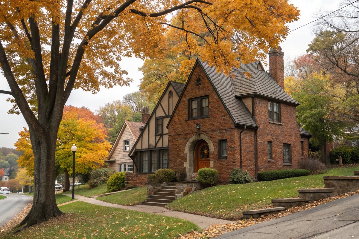 A two-story brick Tudor-style house with a steep gable and small basement windows on a tree-lined street in autumn