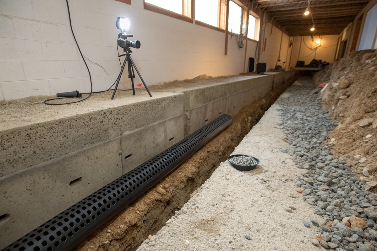 A trench cut into a basement floor along a poured wall, holding gravel and a black perforated drain pipe