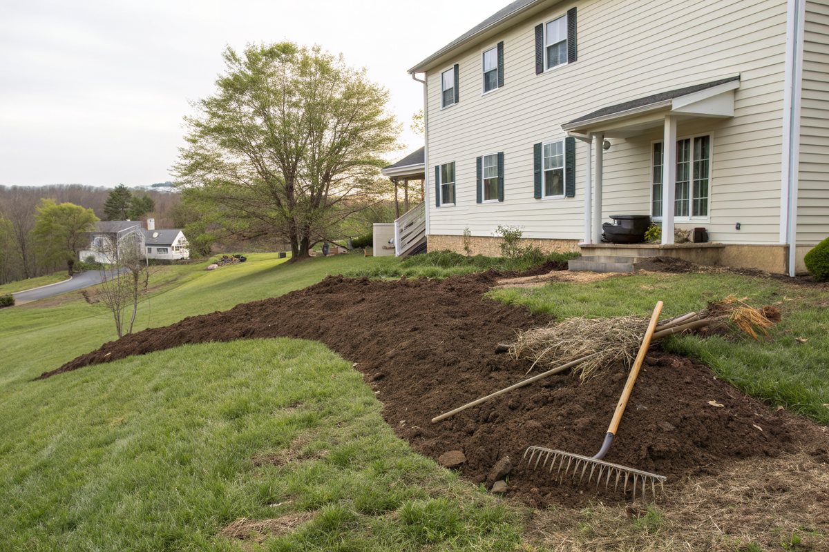 Fresh topsoil graded away from the foundation of a two-story sided house, with straw and a rake