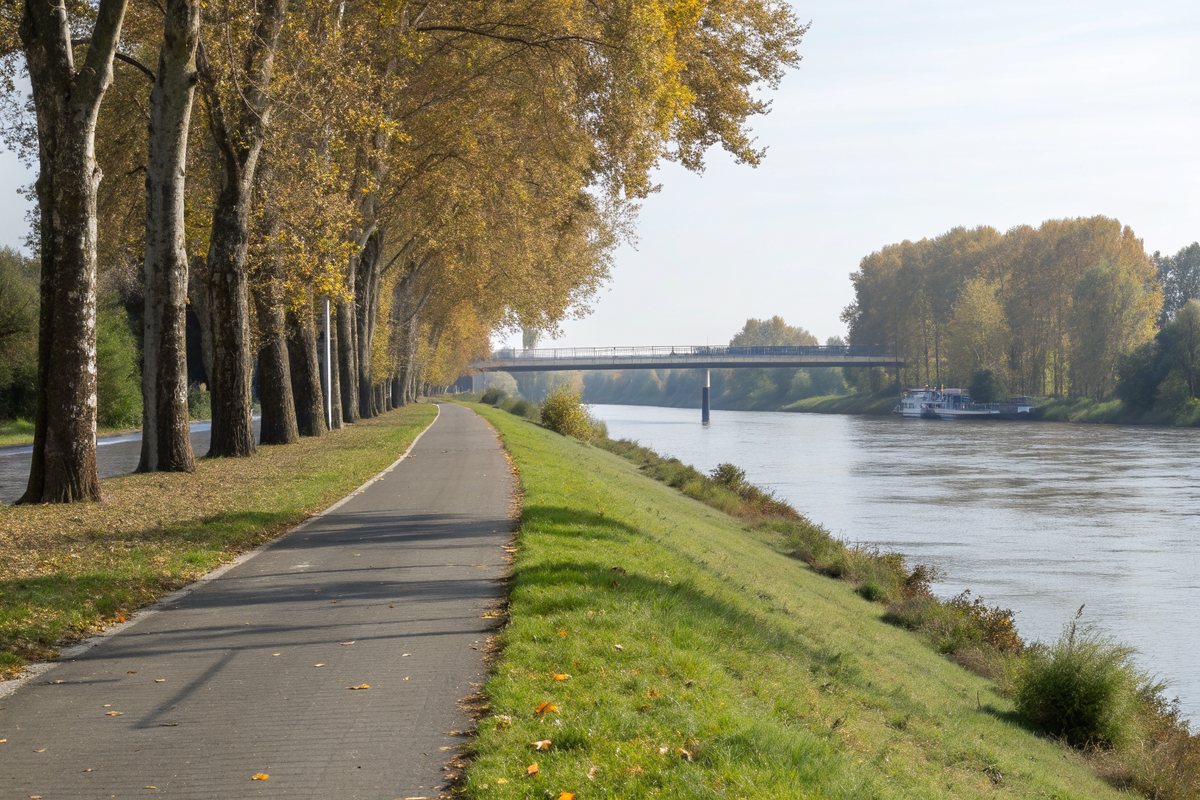 A paved riverside path along a grassy levee lined with trees in early autumn