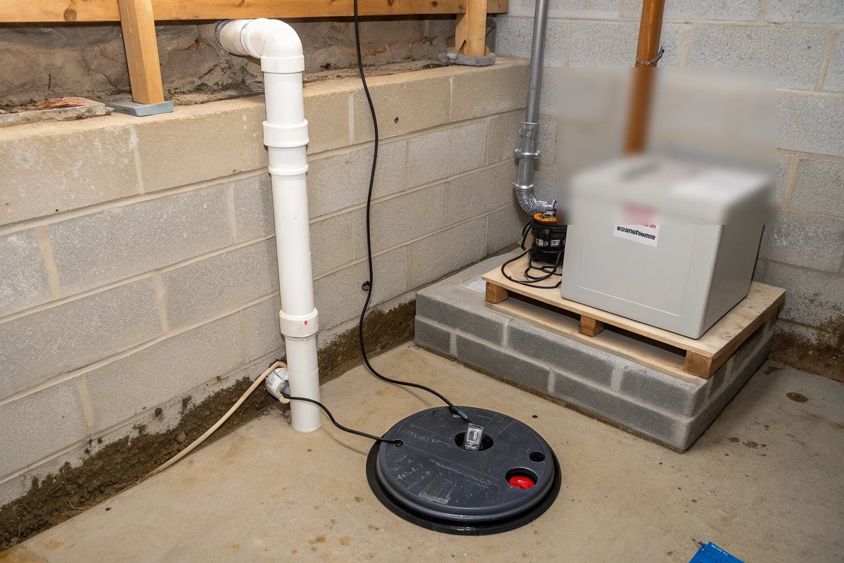 A sealed sump lid with a white discharge pipe and a backup battery box on a shelf in a basement corner