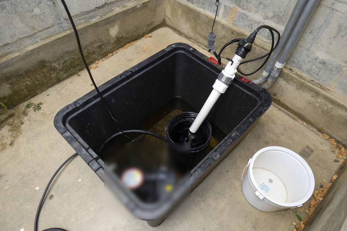 Looking down into a black sump basin with a submersible pump and a white discharge pipe