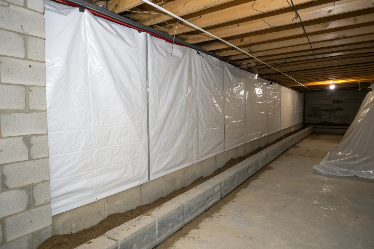 White plastic sheeting fastened along a block basement wall above a perimeter drain channel