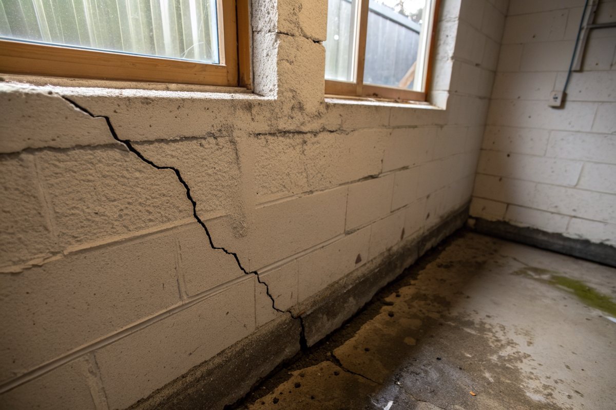 A diagonal crack running from the corner of a basement window opening in a poured concrete wall