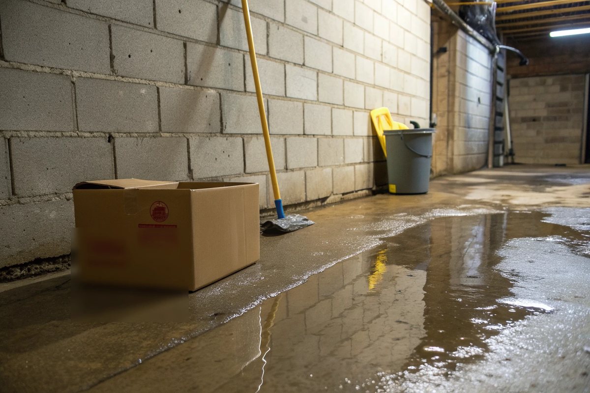 A shallow puddle along a block wall on an unfinished basement floor, with a box and a mop nearby