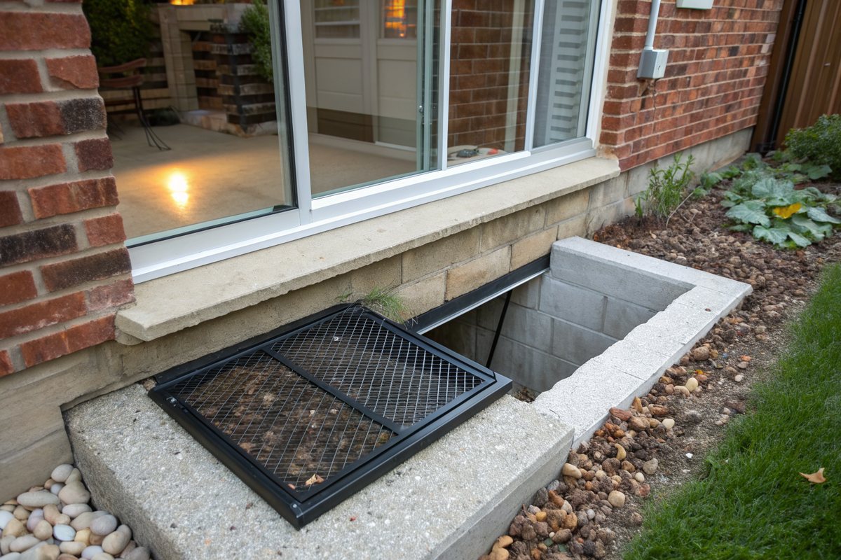 A concrete window well with a gravel bottom and a metal grate beside a basement window on a brick house